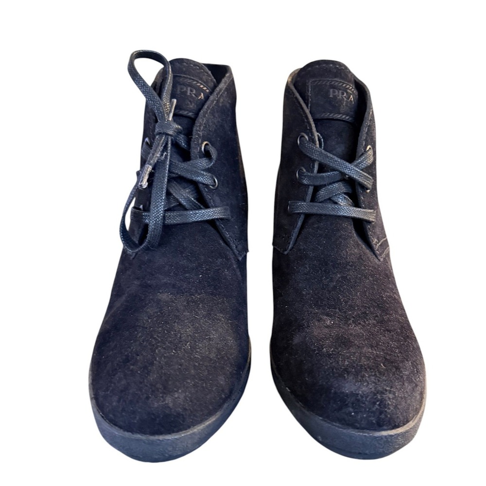 Quiet Luxury Prada Suede Wedge Ankle Boots Black Size 37.5 - Picture 3 of 10